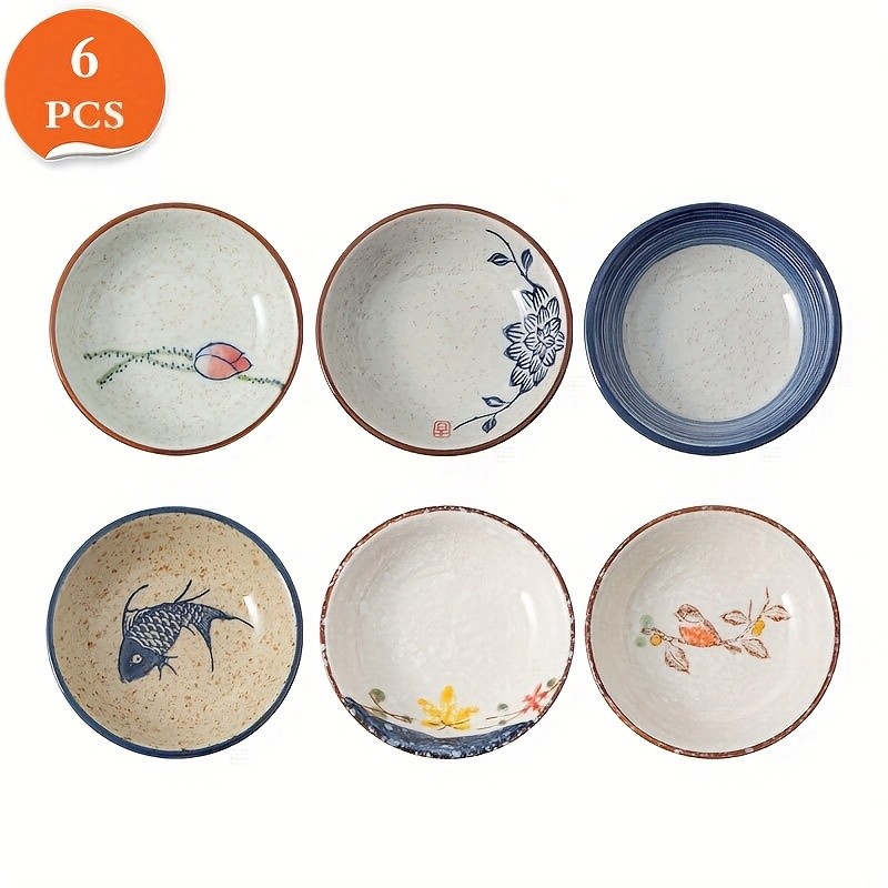 YUMIPLUS Japanese Retro Ceramic Side Dish Bowls Set (6pcs) – Traditional Porcelain Seasoning & Soy Sauce Dipping Plates