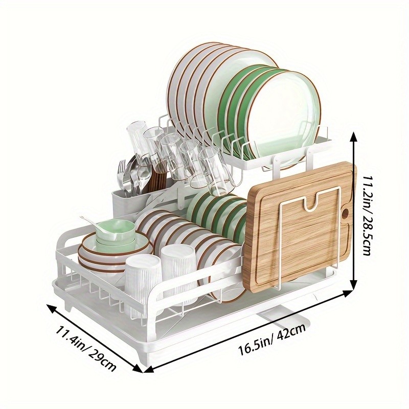 URLUNA 2-Tier Dish Drying Rack with Drainboard – Large Metal Rack with Glass Holder, Utensil Holder & Extra Drying Mat