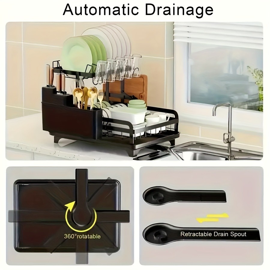 URLUNA 2-Tier Dish Drying Rack with Drainboard – Large Metal Rack with Glass Holder, Utensil Holder & Extra Drying Mat