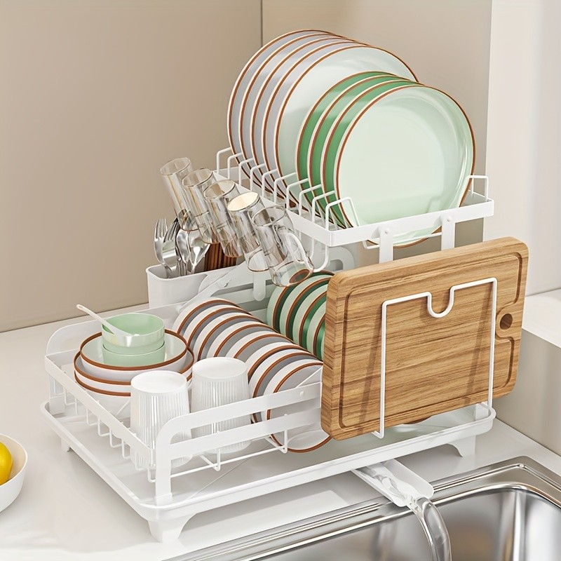 URLUNA 2-Tier Dish Drying Rack with Drainboard – Large Metal Rack with Glass Holder, Utensil Holder & Extra Drying Mat