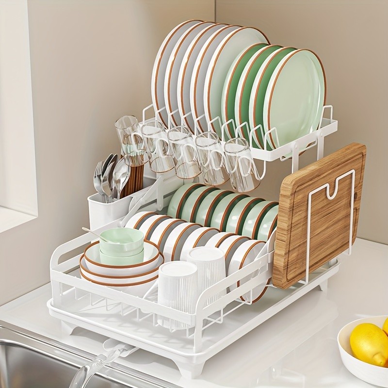 URLUNA 2-Tier Dish Drying Rack with Drainboard – Large Metal Rack with Glass Holder, Utensil Holder & Extra Drying Mat