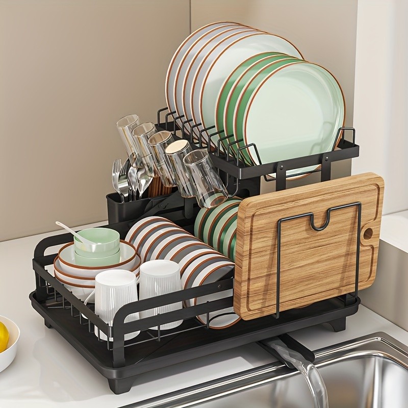 URLUNA 2-Tier Dish Drying Rack with Drainboard – Large Metal Rack with Glass Holder, Utensil Holder & Extra Drying Mat