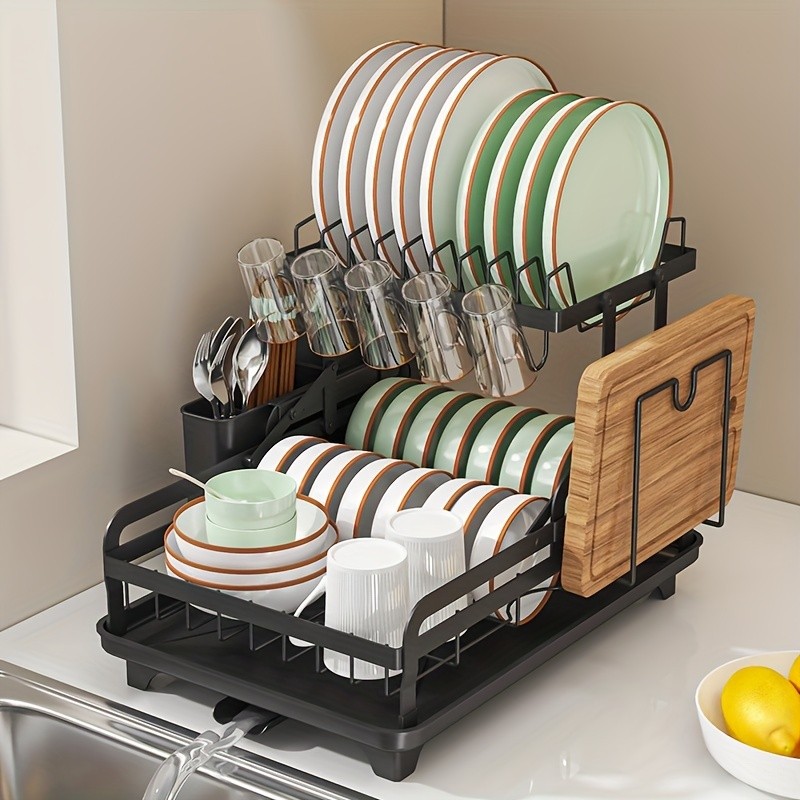 URLUNA 2-Tier Dish Drying Rack with Drainboard – Large Metal Rack with Glass Holder, Utensil Holder & Extra Drying Mat