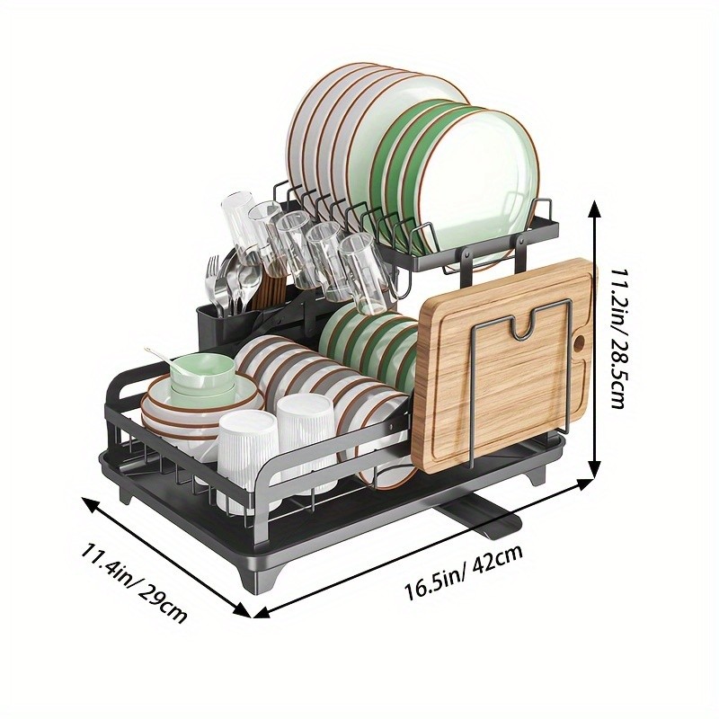 URLUNA 2-Tier Dish Drying Rack with Drainboard – Large Metal Rack with Glass Holder, Utensil Holder & Extra Drying Mat
