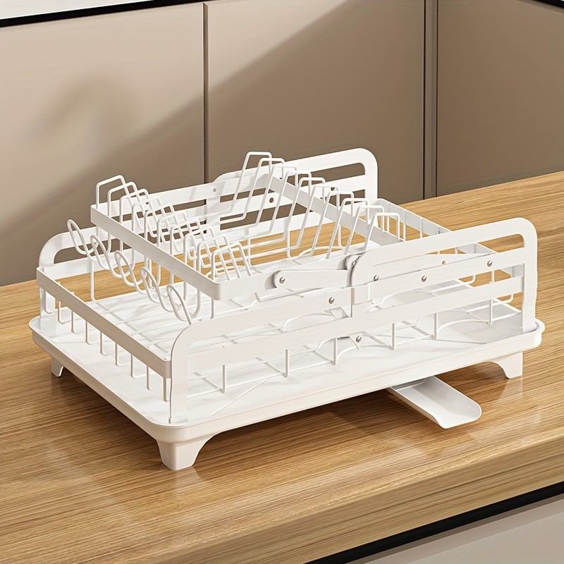 URLUNA 2-Tier Dish Drying Rack with Drainboard – Large Metal Rack with Glass Holder, Utensil Holder & Extra Drying Mat
