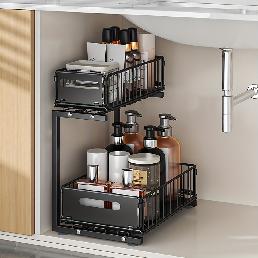 URLUNA 2-Tier Pull-Out Under Sink Organizer – Space-Saving Metal Cabinet Storage Rack for Kitchen & Bathroom