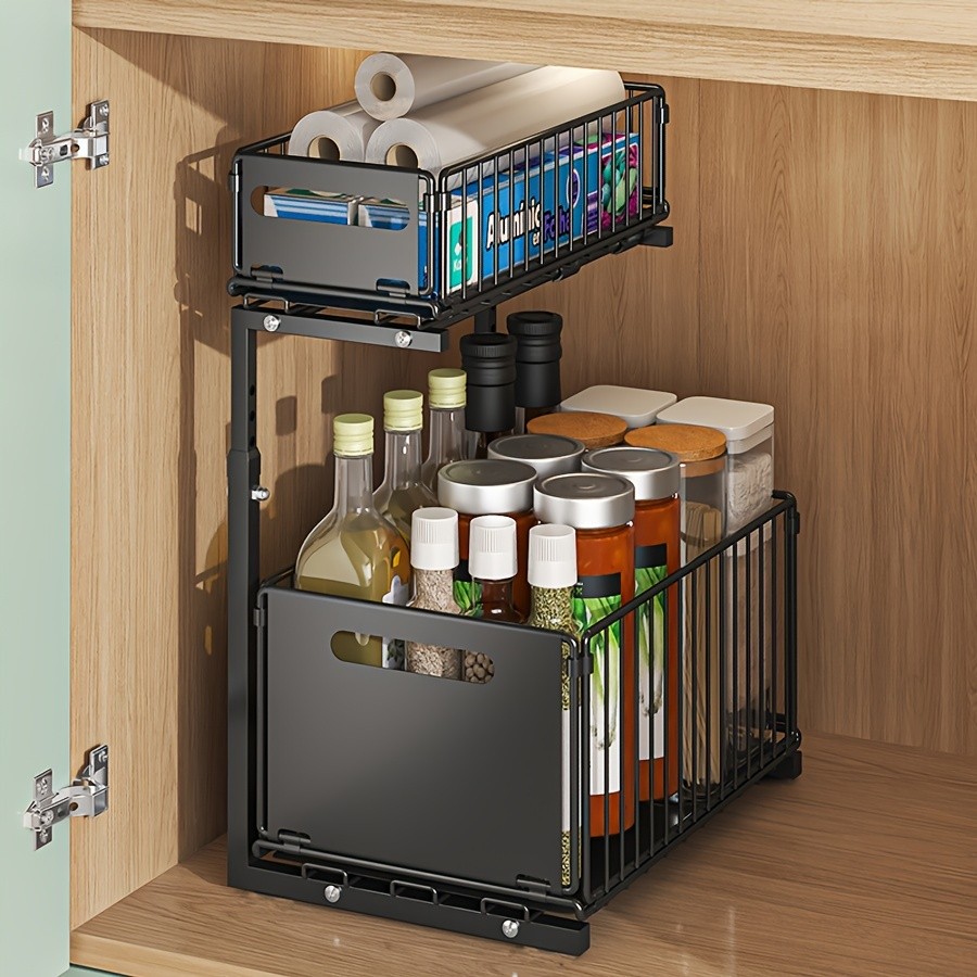 URLUNA 2-Tier Pull-Out Under Sink Organizer – Space-Saving Metal Cabinet Storage Rack for Kitchen & Bathroom
