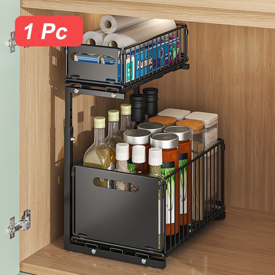 URLUNA 2-Tier Pull-Out Under Sink Organizer – Space-Saving Metal Cabinet Storage Rack for Kitchen & Bathroom