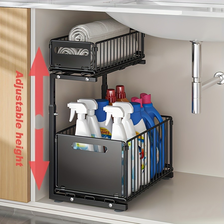 URLUNA 2-Tier Pull-Out Under Sink Organizer – Space-Saving Metal Cabinet Storage Rack for Kitchen & Bathroom