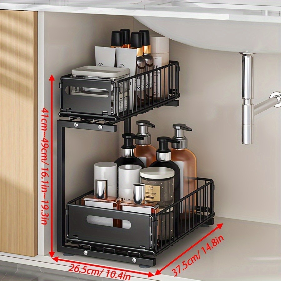 URLUNA 2-Tier Pull-Out Under Sink Organizer – Space-Saving Metal Cabinet Storage Rack for Kitchen & Bathroom