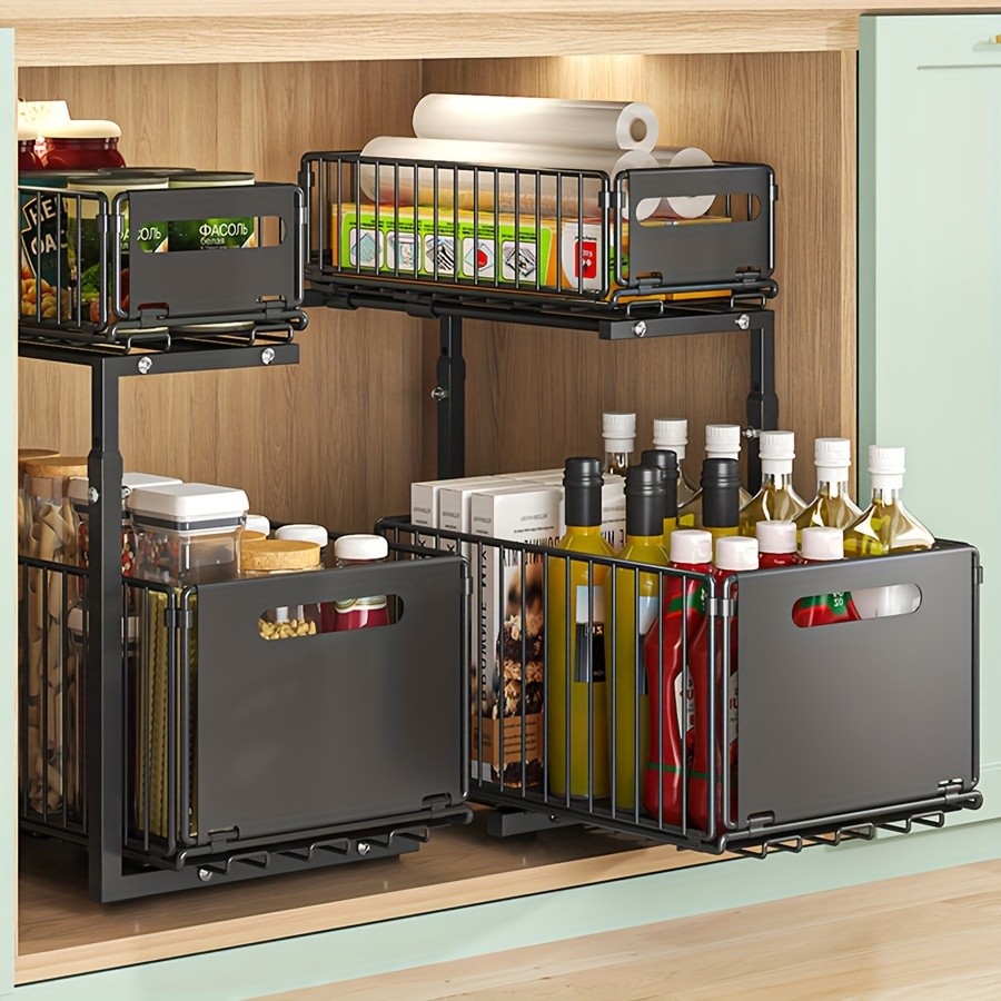 URLUNA 2-Tier Pull-Out Under Sink Organizer – Space-Saving Metal Cabinet Storage Rack for Kitchen & Bathroom