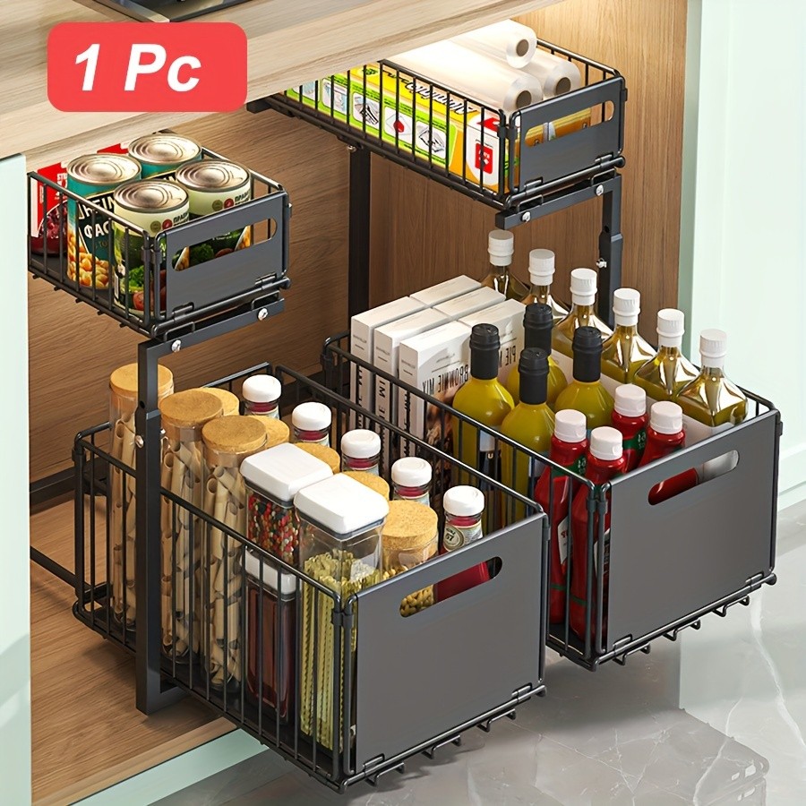 URLUNA 2-Tier Pull-Out Under Sink Organizer – Space-Saving Metal Cabinet Storage Rack for Kitchen & Bathroom