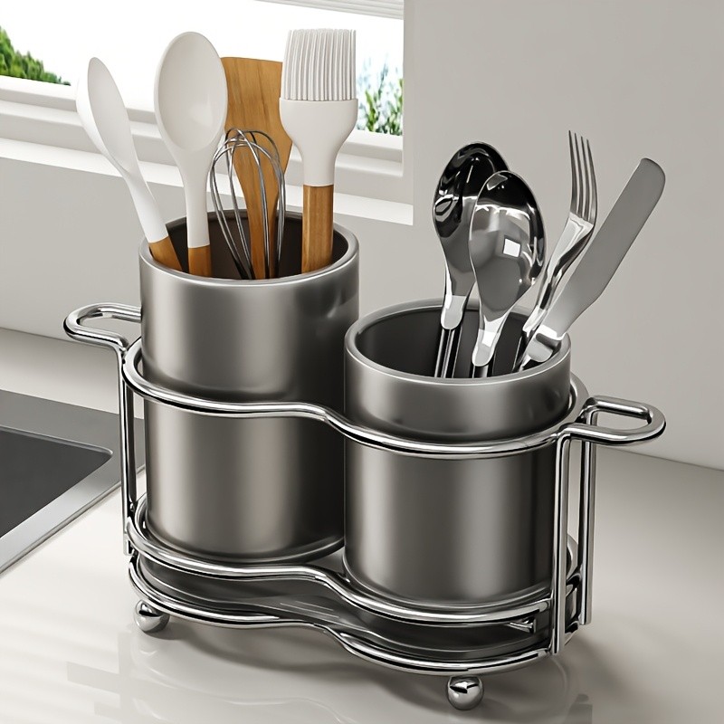 URLUNA Cutlery Holder – Dual-Compartment Silverware Organizer with Metal Frame for Kitchen & Countertop Storage