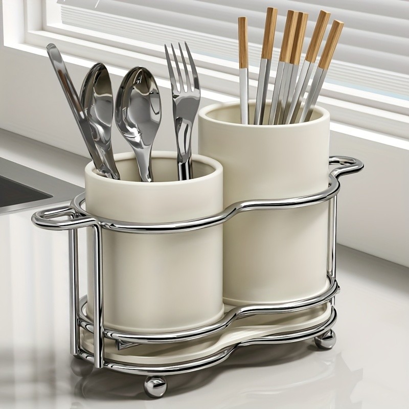 URLUNA Cutlery Holder – Dual-Compartment Silverware Organizer with Metal Frame for Kitchen & Countertop Storage