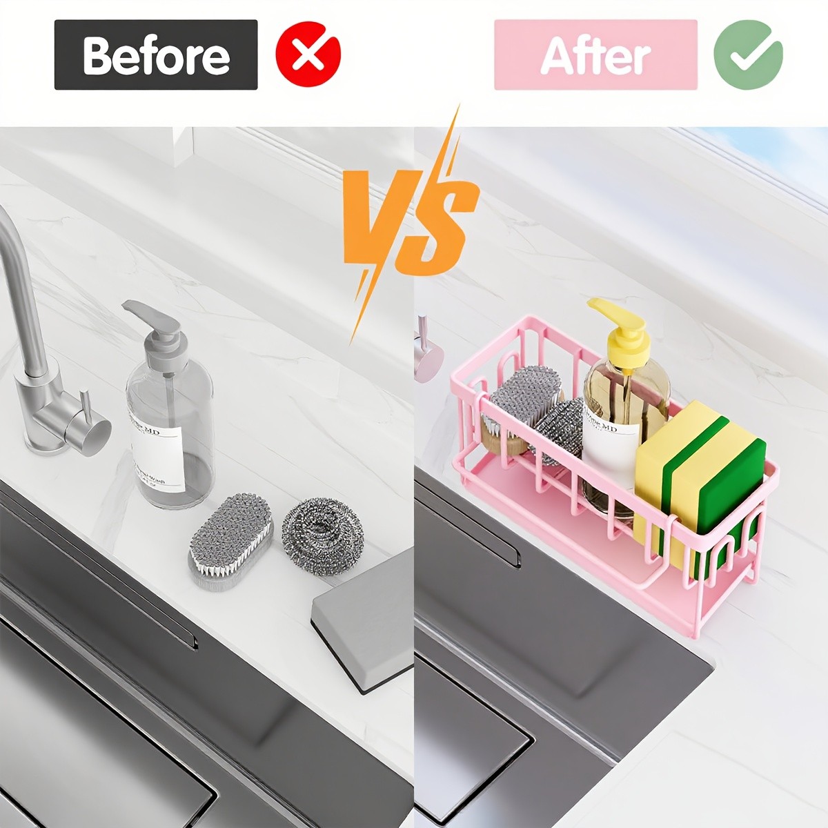 URLUNA Sink Caddy with Rag Hook & Self-Drain Tray – Pink Kitchen Organizer for Sponges, Cloths & Cleaning Supplies