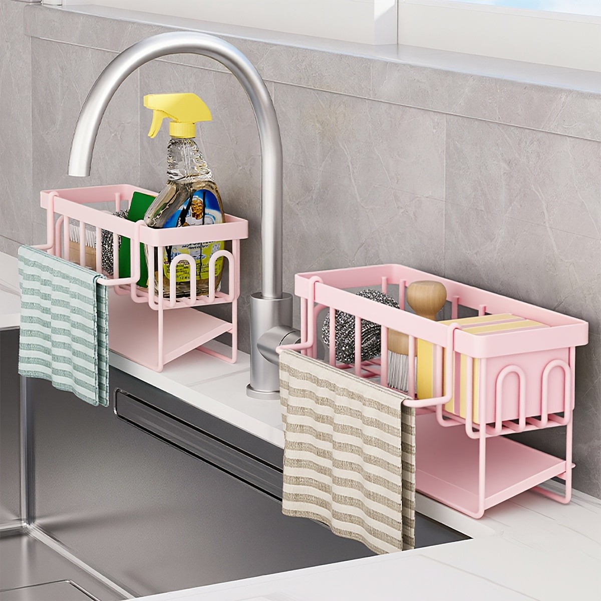 URLUNA Sink Caddy with Rag Hook & Self-Drain Tray – Pink Kitchen Organizer for Sponges, Cloths & Cleaning Supplies