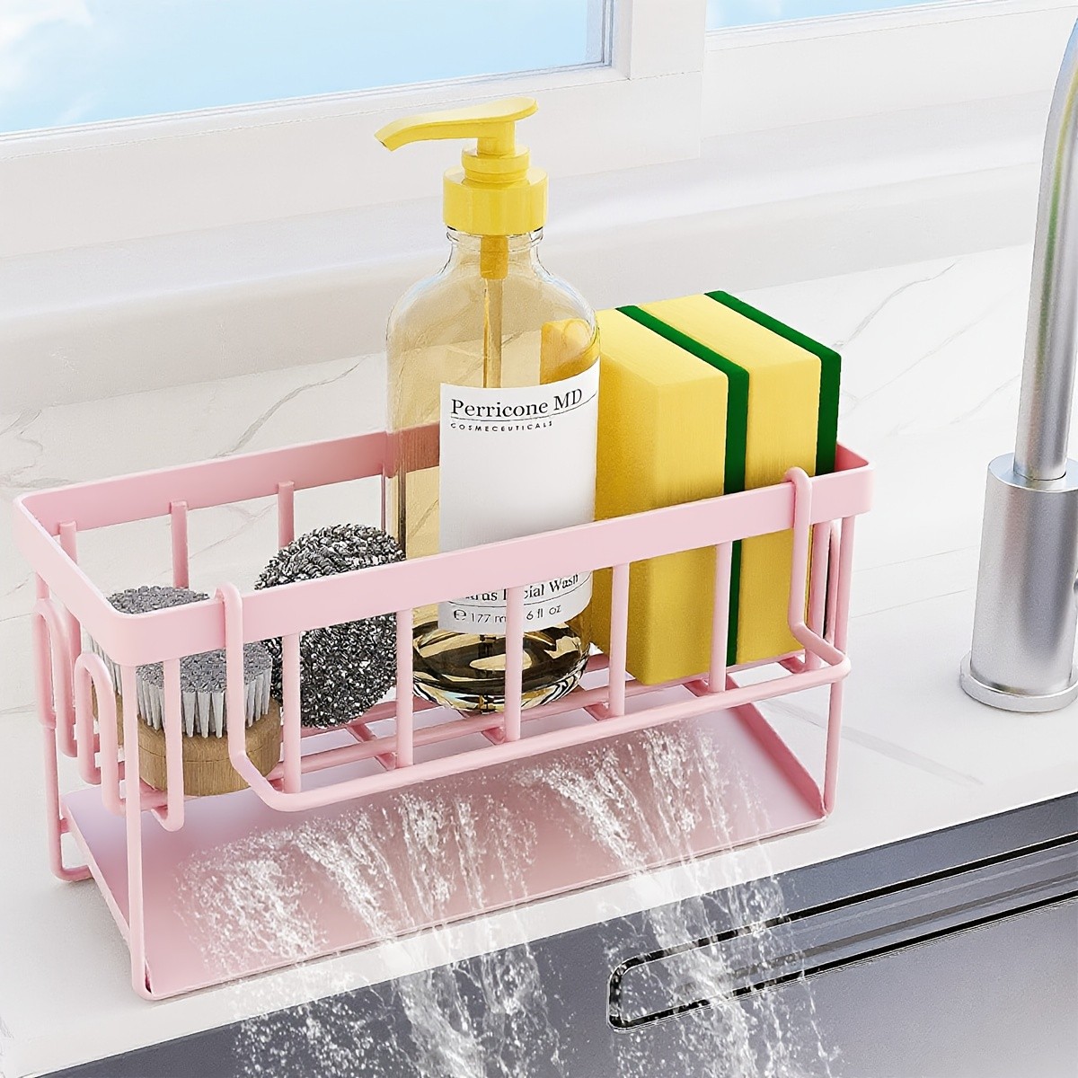 URLUNA Sink Caddy with Rag Hook & Self-Drain Tray – Pink Kitchen Organizer for Sponges, Cloths & Cleaning Supplies