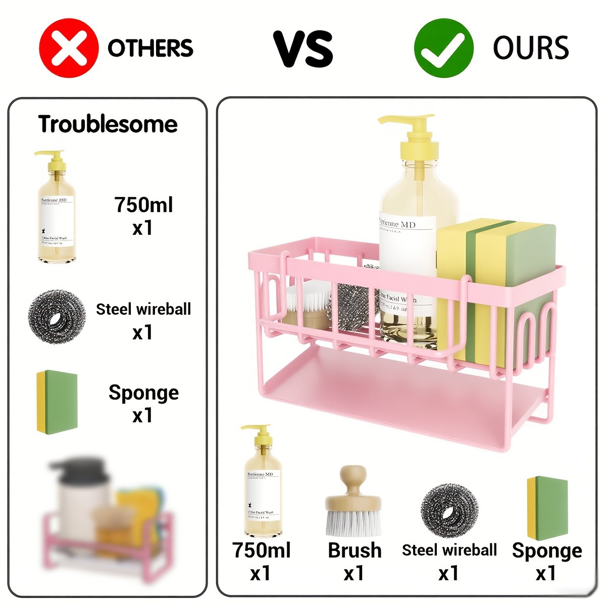 URLUNA Sink Caddy with Rag Hook & Self-Drain Tray – Pink Kitchen Organizer for Sponges, Cloths & Cleaning Supplies