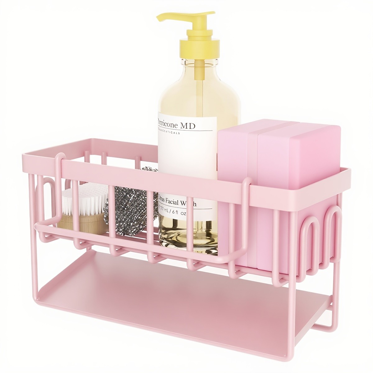 URLUNA Sink Caddy with Rag Hook & Self-Drain Tray – Pink Kitchen Organizer for Sponges, Cloths & Cleaning Supplies