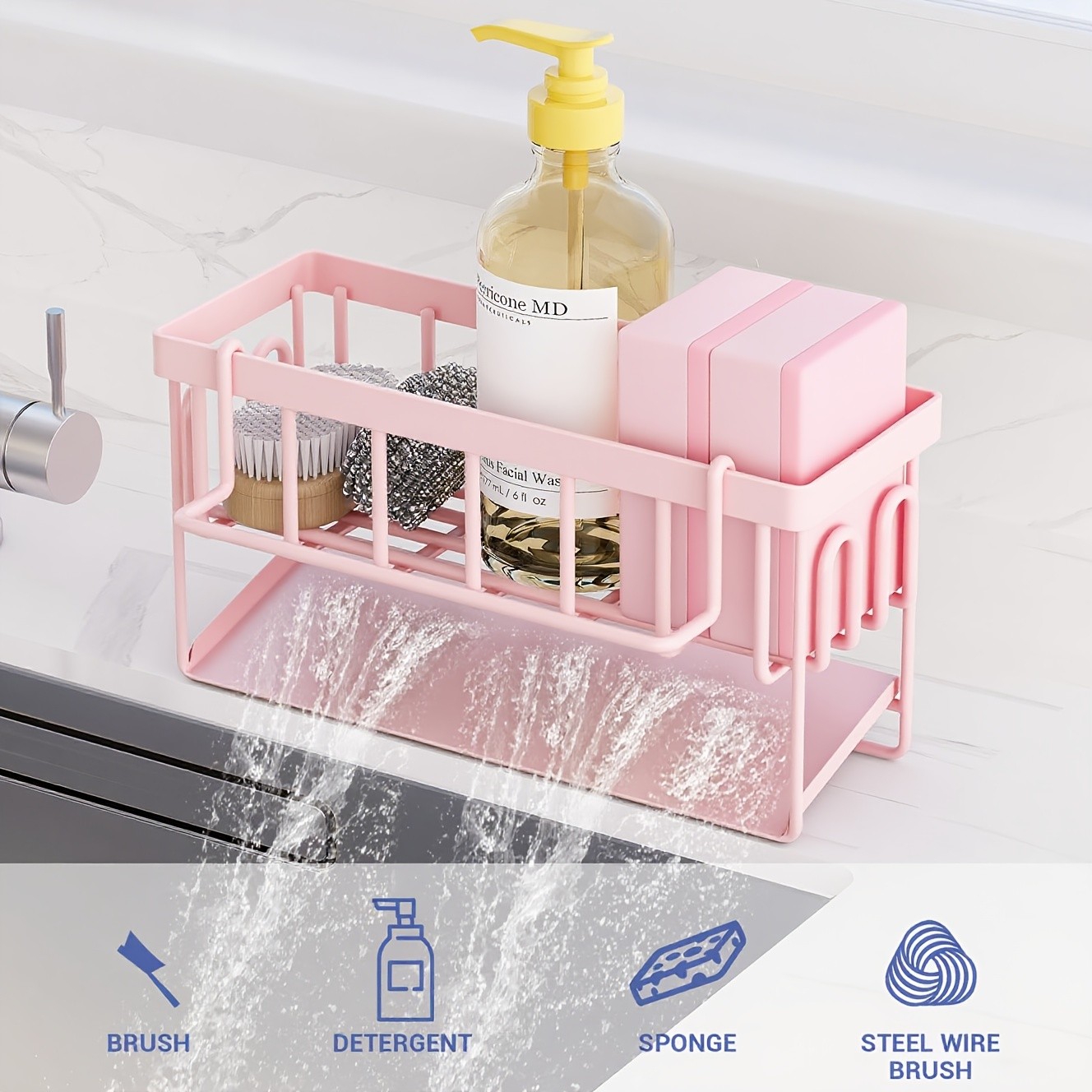 URLUNA Sink Caddy with Rag Hook & Self-Drain Tray – Pink Kitchen Organizer for Sponges, Cloths & Cleaning Supplies