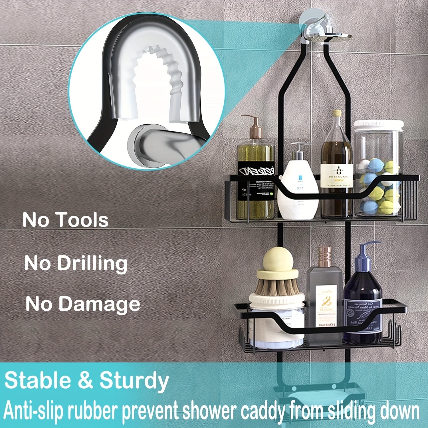 URLUNA Rustproof Black Shower Caddy – Wall-Mounted No-Drill Bathroom Organizer with Soap Holder