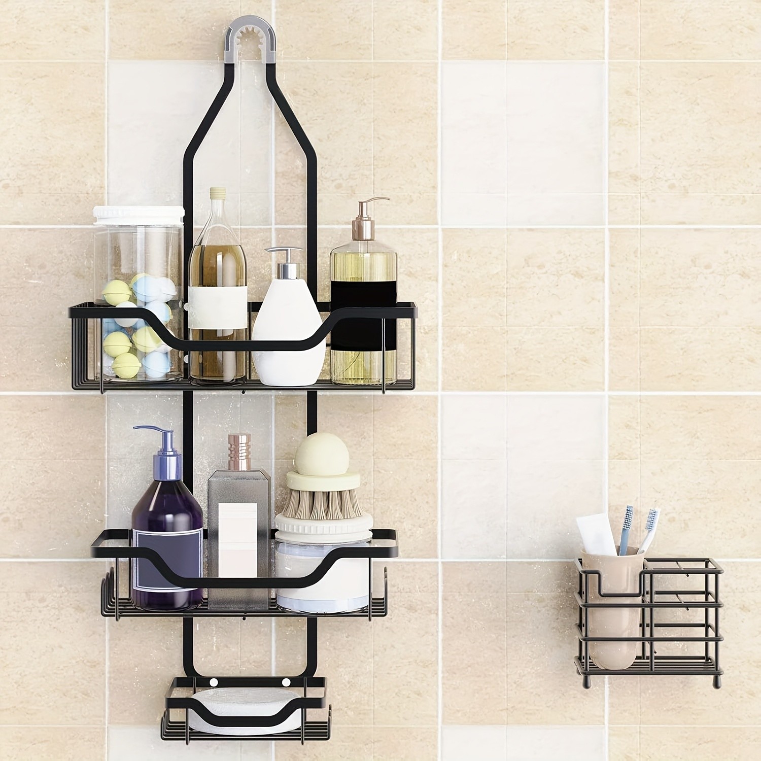 URLUNA Rustproof Black Shower Caddy – Wall-Mounted No-Drill Bathroom Organizer with Soap Holder