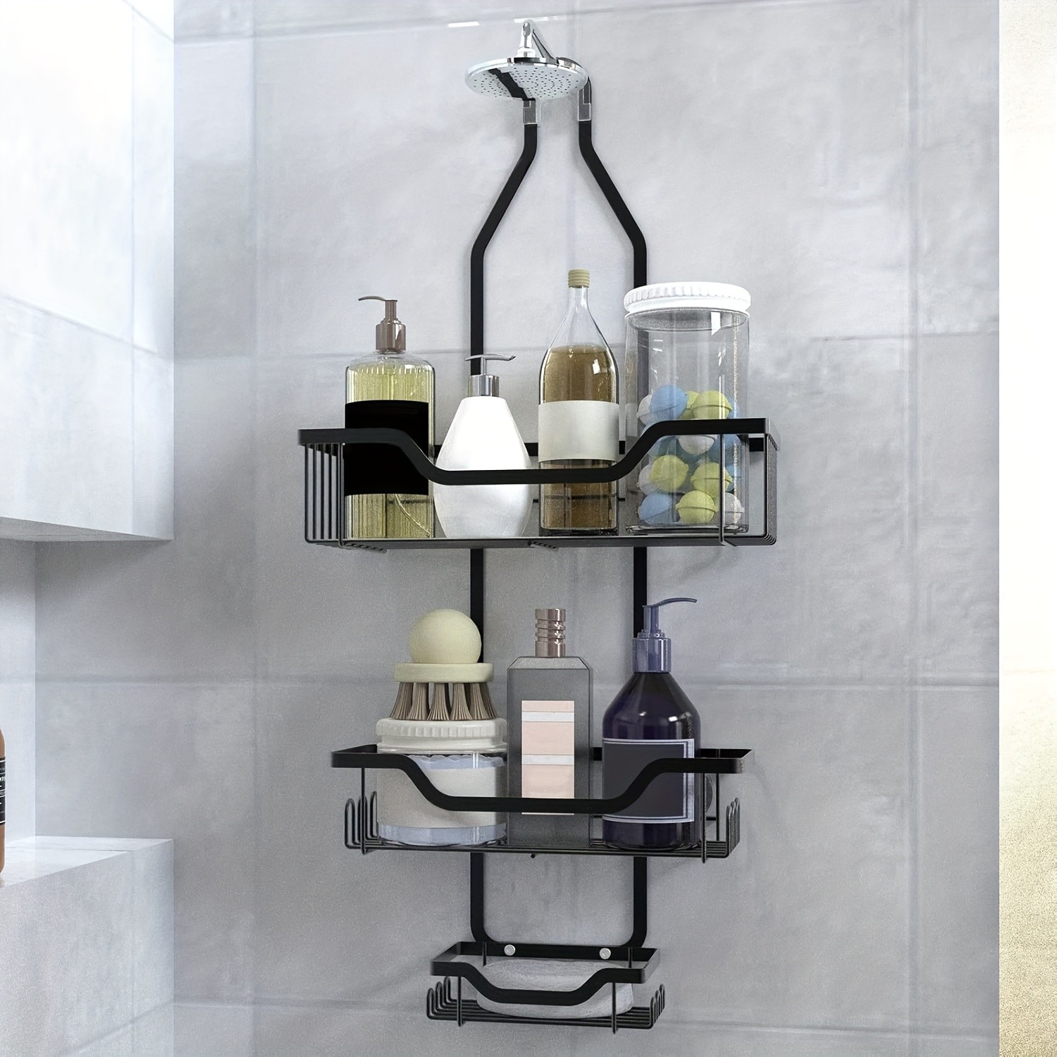 URLUNA Rustproof Black Shower Caddy – Wall-Mounted No-Drill Bathroom Organizer with Soap Holder