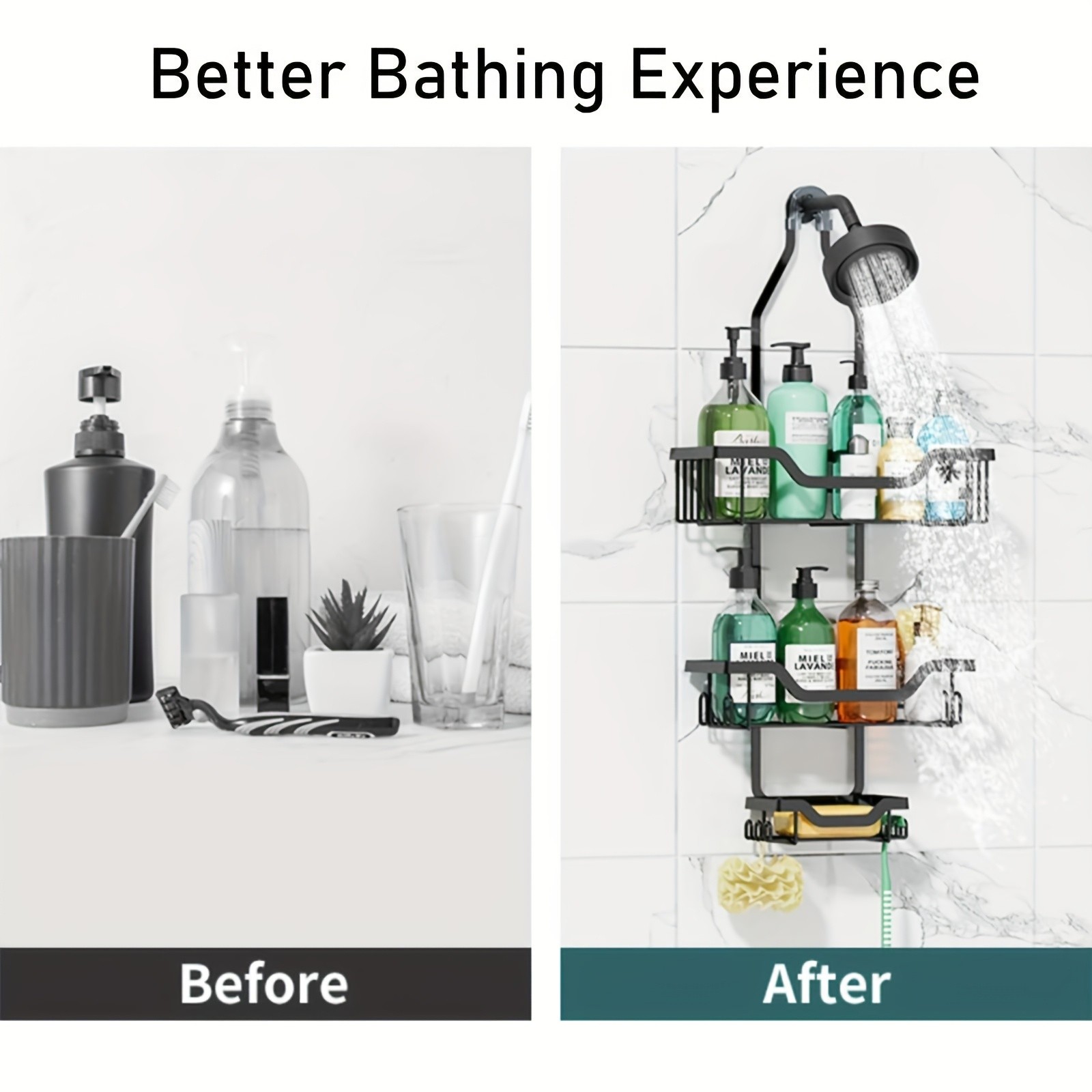 URLUNA Rustproof Black Shower Caddy – Wall-Mounted No-Drill Bathroom Organizer with Soap Holder