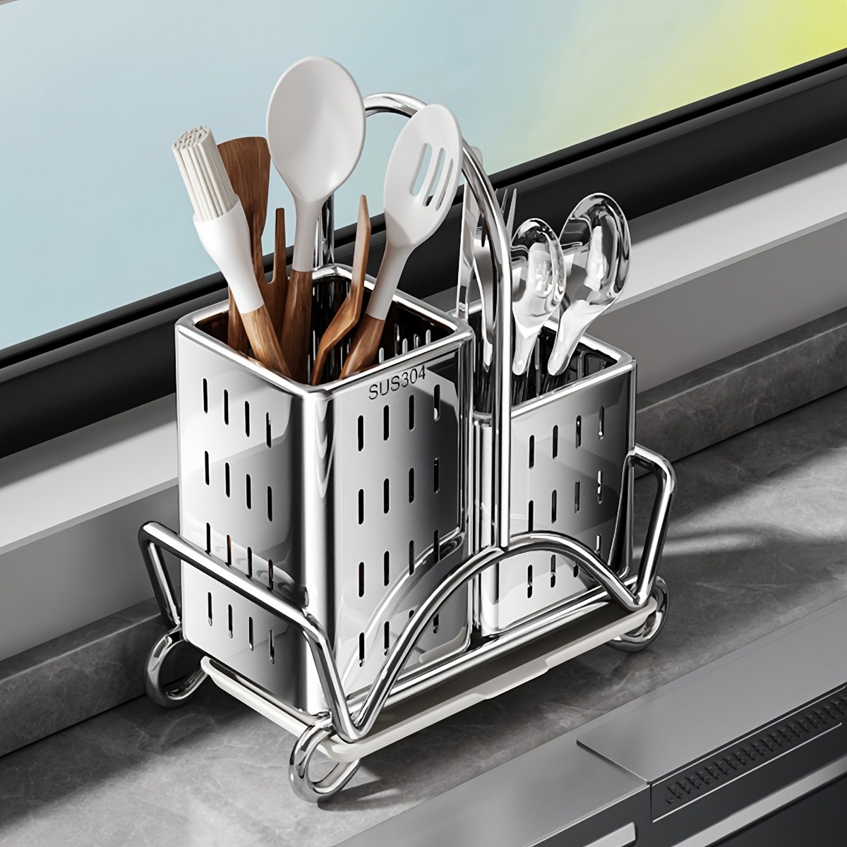 URLUNA Stainless Steel Cutlery Holder – SUS 304 Silverware Caddy with Bracket for Kitchen Countertop