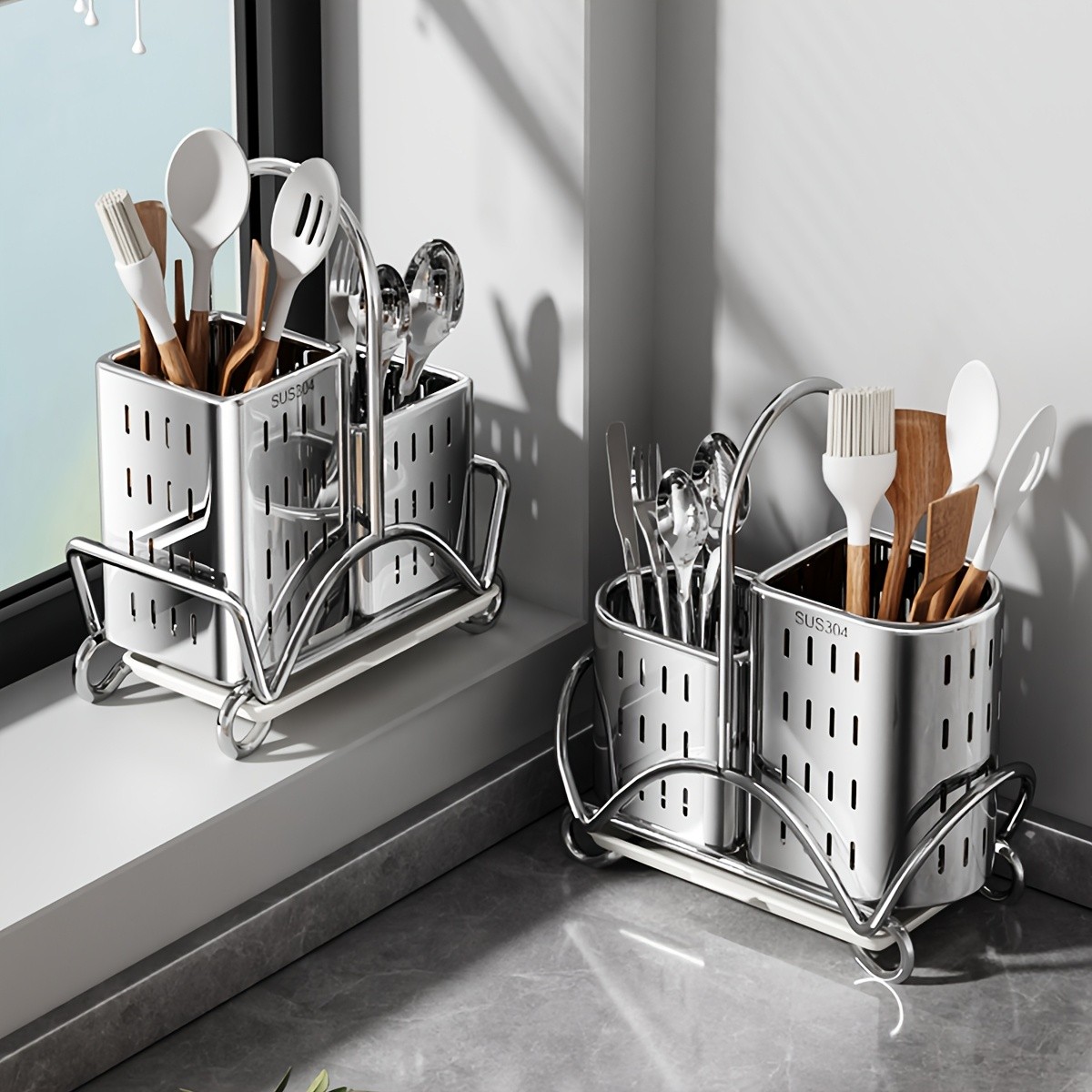 URLUNA Stainless Steel Cutlery Holder – SUS 304 Silverware Caddy with Bracket for Kitchen Countertop