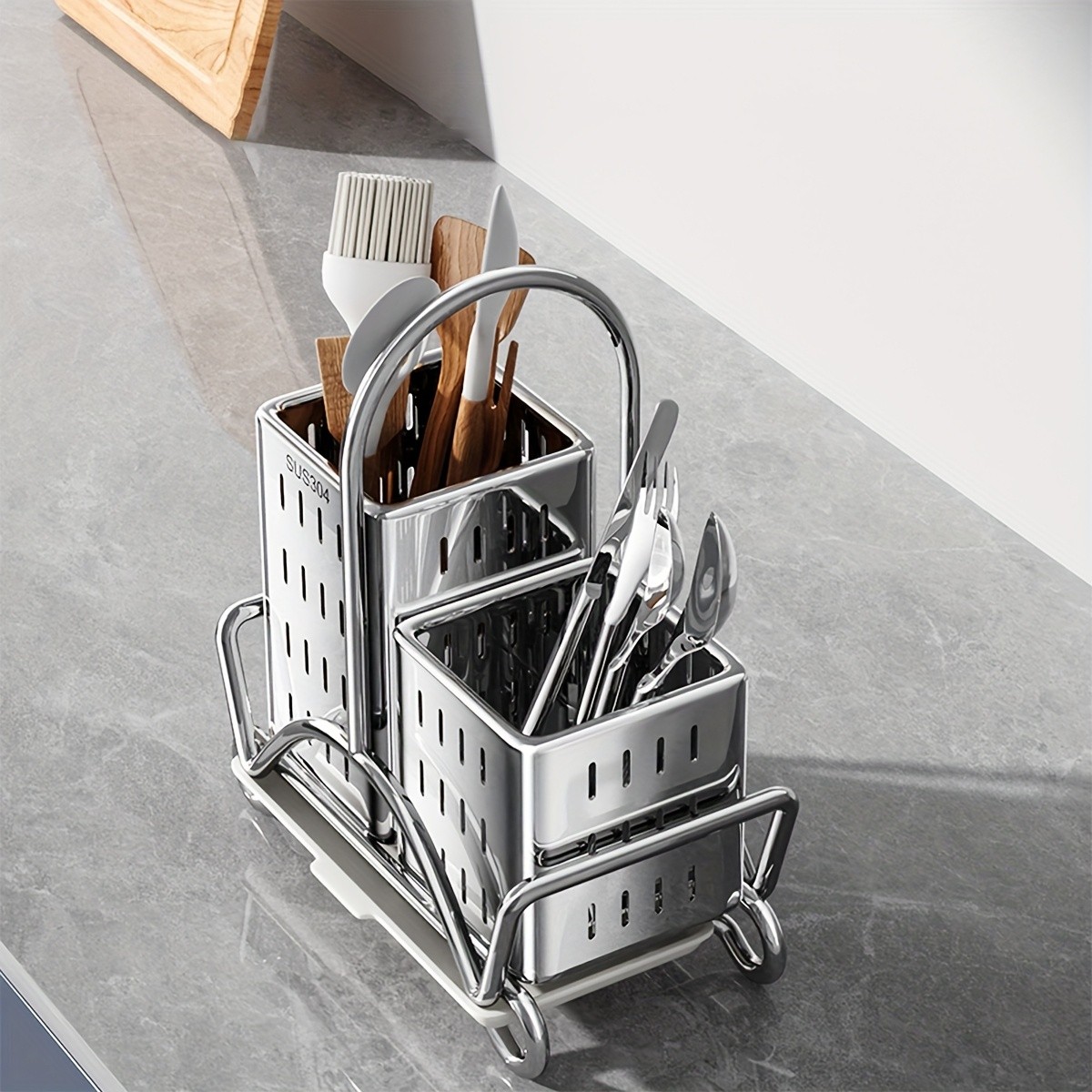 URLUNA Stainless Steel Cutlery Holder – SUS 304 Silverware Caddy with Bracket for Kitchen Countertop