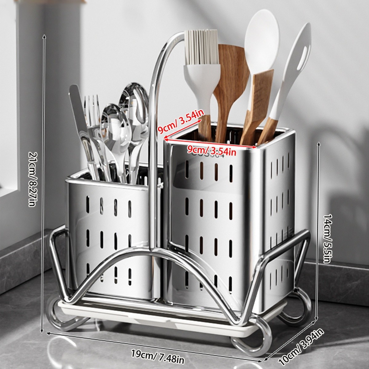 URLUNA Stainless Steel Cutlery Holder – SUS 304 Silverware Caddy with Bracket for Kitchen Countertop