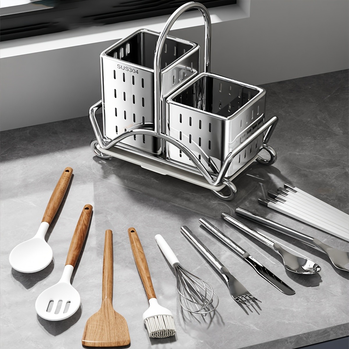URLUNA Stainless Steel Cutlery Holder – SUS 304 Silverware Caddy with Bracket for Kitchen Countertop