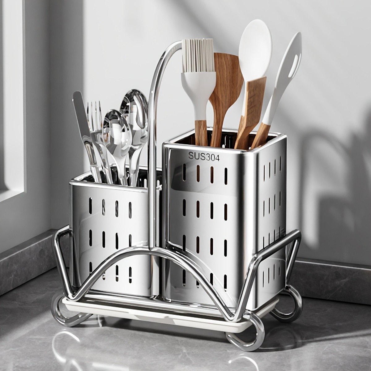 URLUNA Stainless Steel Cutlery Holder – SUS 304 Silverware Caddy with Bracket for Kitchen Countertop