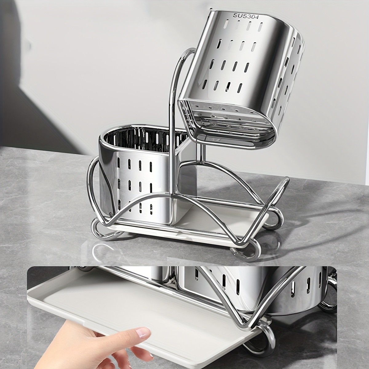 URLUNA Stainless Steel Cutlery Holder – SUS 304 Silverware Caddy with Bracket for Kitchen Countertop