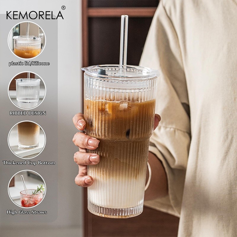 KEMORELA Large Capacity Vertical Striped Glass Cups with Lids – Reusable Dishwasher-Safe Tumblers for Cold Drinks, Coffee & Juice