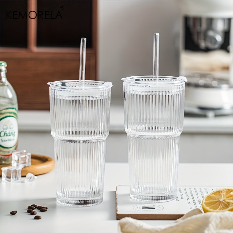 KEMORELA Large Capacity Vertical Striped Glass Cups with Lids – Reusable Dishwasher-Safe Tumblers for Cold Drinks, Coffee & Juice