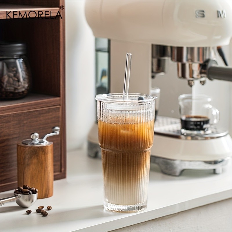 KEMORELA Large Capacity Vertical Striped Glass Cups with Lids – Reusable Dishwasher-Safe Tumblers for Cold Drinks, Coffee & Juice