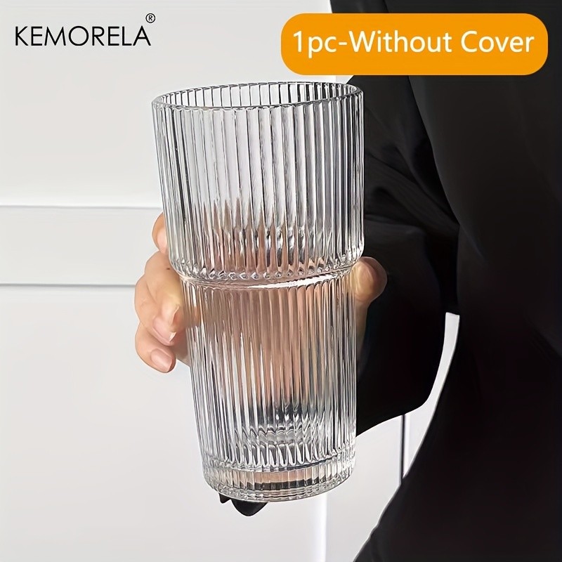 KEMORELA Large Capacity Vertical Striped Glass Cups with Lids – Reusable Dishwasher-Safe Tumblers for Cold Drinks, Coffee & Juice