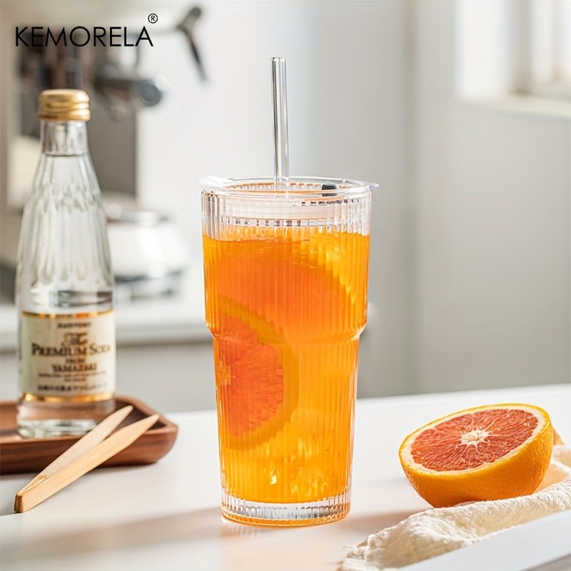 KEMORELA Large Capacity Vertical Striped Glass Cups with Lids – Reusable Dishwasher-Safe Tumblers for Cold Drinks, Coffee & Juice