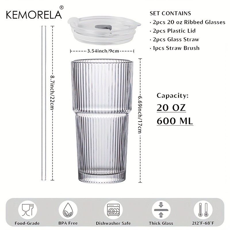 KEMORELA Large Capacity Vertical Striped Glass Cups with Lids – Reusable Dishwasher-Safe Tumblers for Cold Drinks, Coffee & Juice
