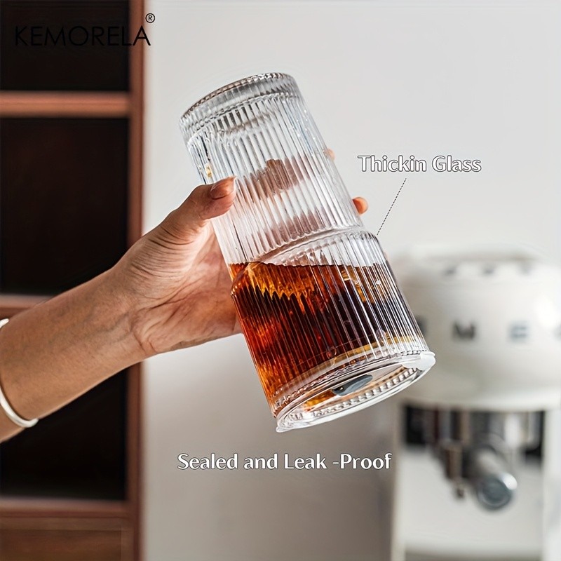 KEMORELA Large Capacity Vertical Striped Glass Cups with Lids – Reusable Dishwasher-Safe Tumblers for Cold Drinks, Coffee & Juice