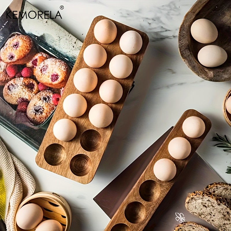 KEMORELA Wooden Egg Storage Box – Multi-Compartment Egg Holder Tray for Home Kitchen Organisation
