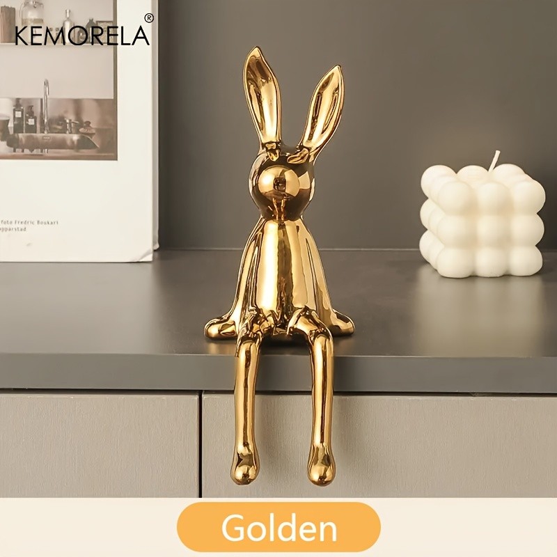 KEMORELA Long-Eared Rabbit Ceramic Ornament – Simple Sitting Figurine for Living Room, TV Cabinet & Holiday Décor