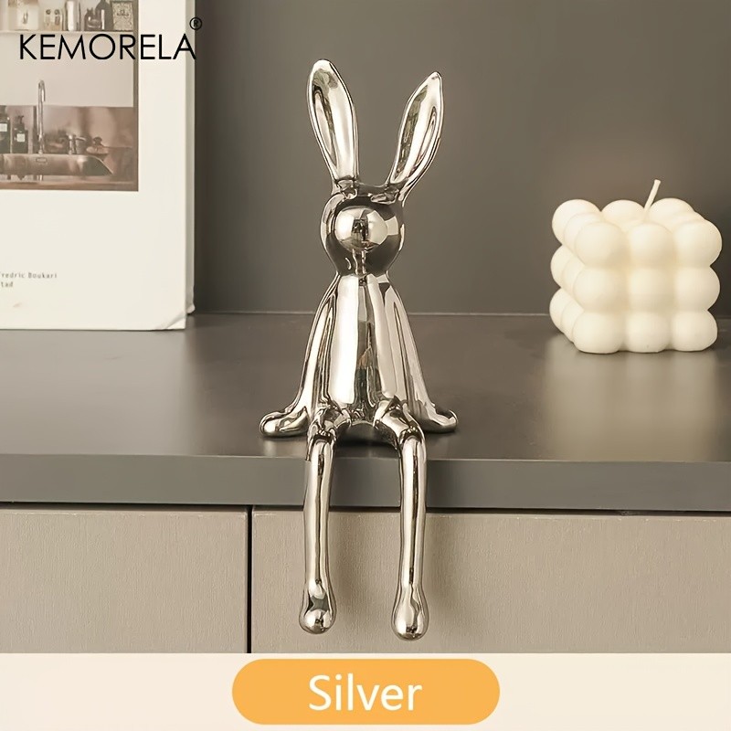 KEMORELA Long-Eared Rabbit Ceramic Ornament – Simple Sitting Figurine for Living Room, TV Cabinet & Holiday Décor