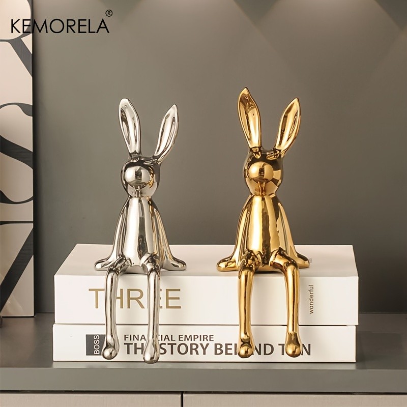 KEMORELA Long-Eared Rabbit Ceramic Ornament – Simple Sitting Figurine for Living Room, TV Cabinet & Holiday Décor