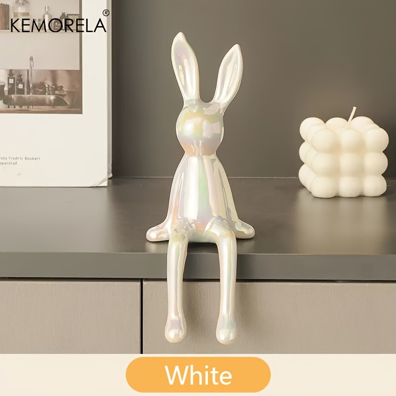 KEMORELA Long-Eared Rabbit Ceramic Ornament – Simple Sitting Figurine for Living Room, TV Cabinet & Holiday Décor