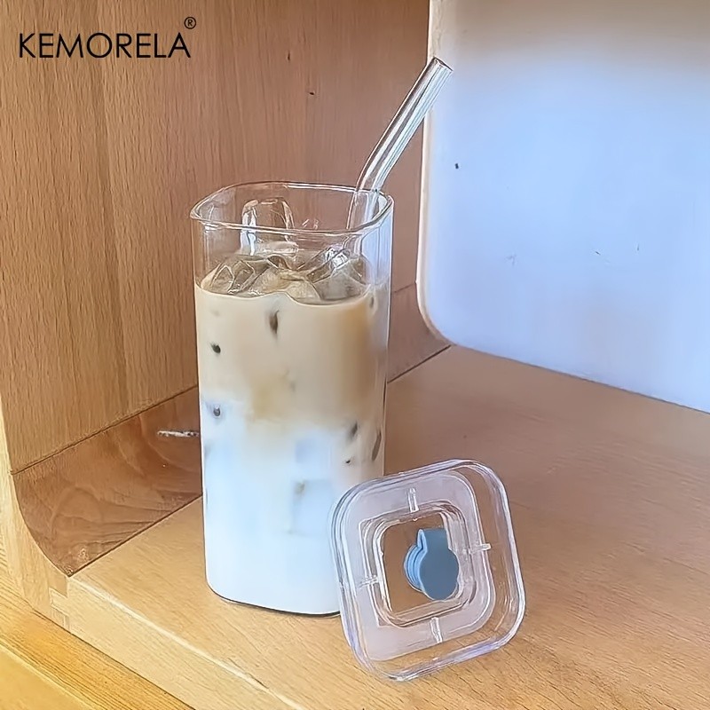 KEMORELA 380ml Portable Rectangular Glass Cup with Lid & Straw (4/6pcs) – Heat-Resistant, Durable & Travel-Friendly Drinkware