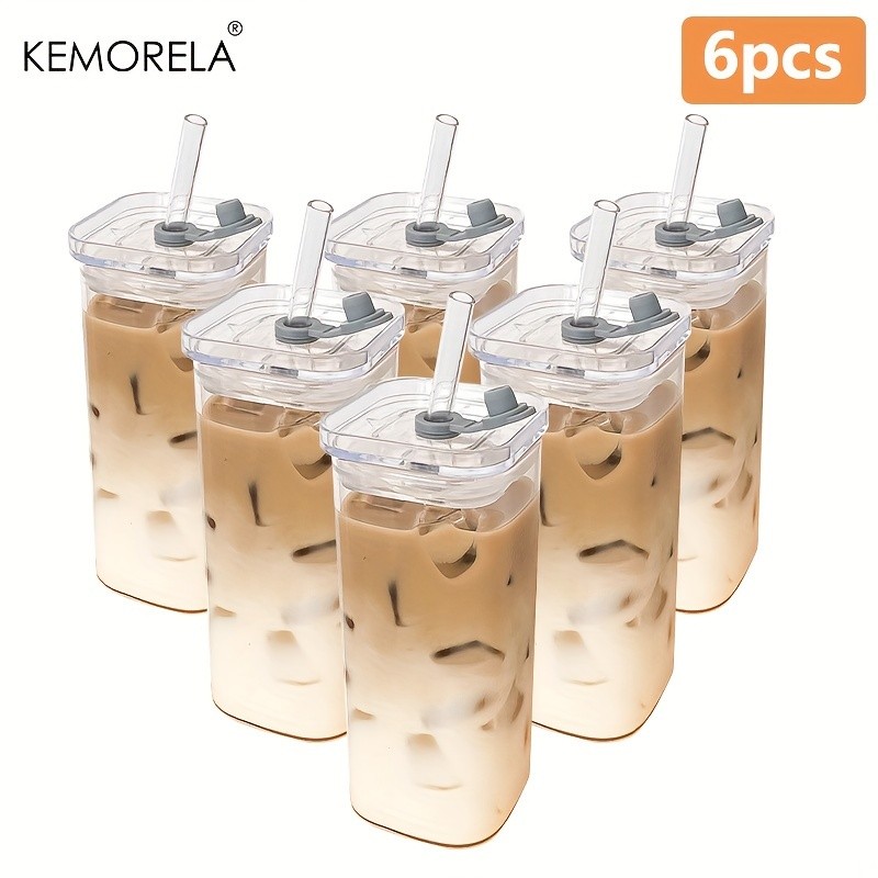 KEMORELA 380ml Portable Rectangular Glass Cup with Lid & Straw (4/6pcs) – Heat-Resistant, Durable & Travel-Friendly Drinkware