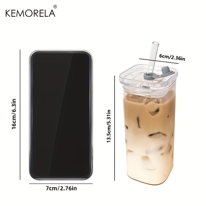 KEMORELA 380ml Portable Rectangular Glass Cup with Lid & Straw (4/6pcs) – Heat-Resistant, Durable & Travel-Friendly Drinkware